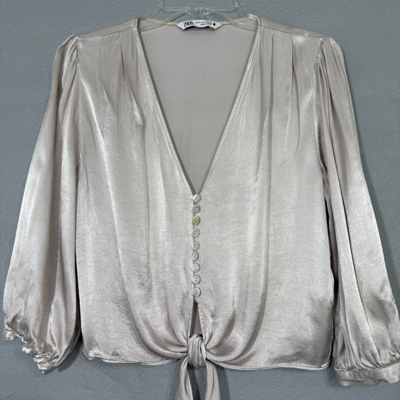 Zara Women's Button Tie Front Satin Top Size M Champagne Romantic Feminine - Picture 7 of 7